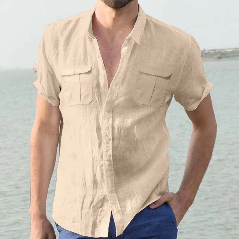 Men's Cotton Linen Shirts for Men Short Sleeve Beach Summer Casual Loose Shirt Turn Down Collar Streetwear Men